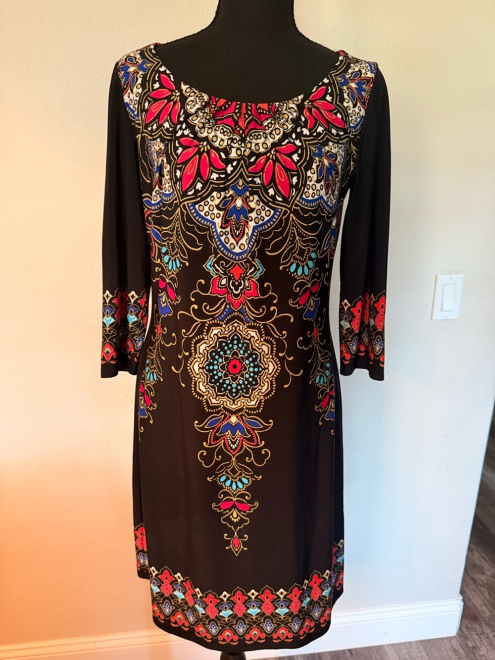 London Times Black Sheath Dress with Red & Blue Medallion Print
